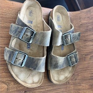 BIRKENSTOCK Distressed Brown Leather Sandals